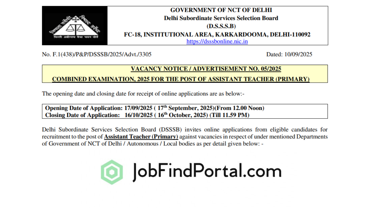DSSSB Assistant Teacher Primary Recruitment